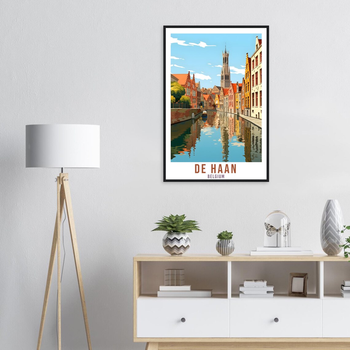 De Haan Belgium Canal Travel Poster Vintage Belfry Reflection Art - Image 3