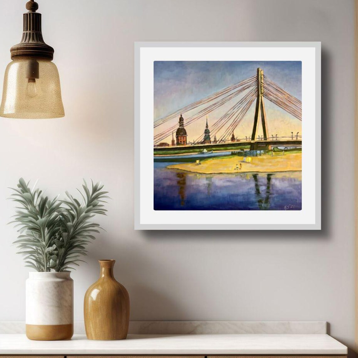Riga Cable Bridge Oil Painting Latvia Cityscape Art 20x20