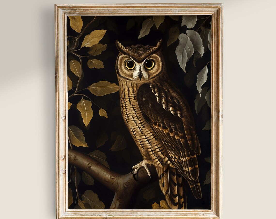 Antique Owl Painting, Vintage Dark Academia Art Print