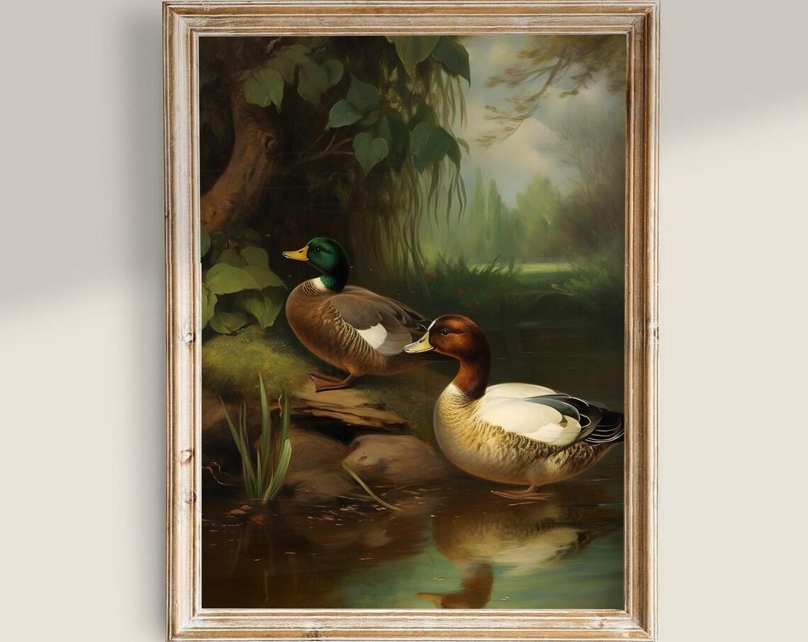 Antique Duck Painting, Dark Academia Animal Art