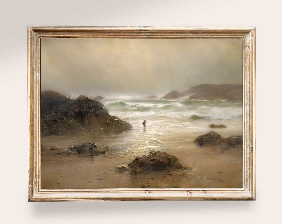 Misty Rocky Beach and Storm Waves Vintage Sepia Seascape Poster