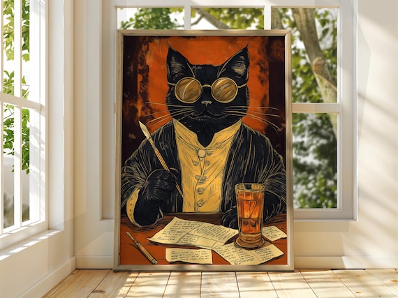 Distinguished Cat Writer With Quill Glasses Beer Funny Feline Poster