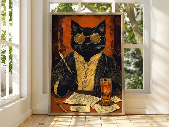 Distinguished Poster Cat Wall Art Illustration Fun Animal Funny Drinking Wine Prints Bright