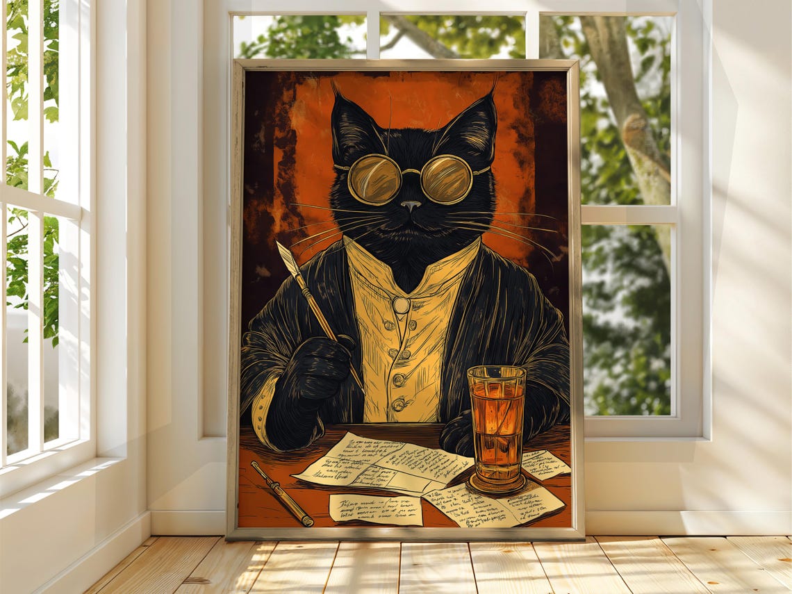 Distinguished Cat Writer With Quill Glasses Beer Funny Feline Poster