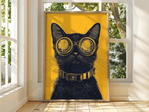 Black Cat in Goggles Steampunk Kitty Vintage Style Fun Animal Poster