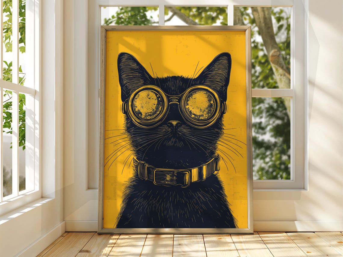 Black Cat in Goggles Steampunk Kitty Vintage Style Fun Animal Poster