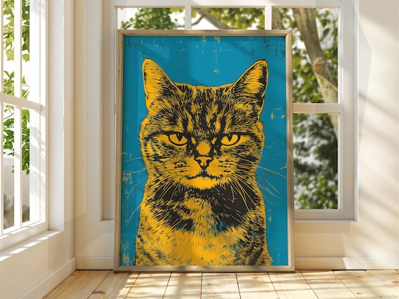 Grumpy Yellow Tabby Cat Portrait Vintage Blue Background Art Poster