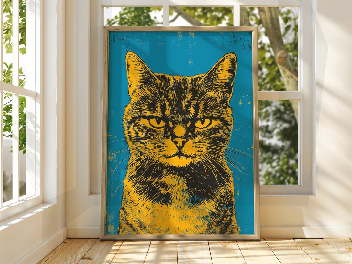 Grumpy Yellow Tabby Cat Portrait Vintage Blue Background Art Poster