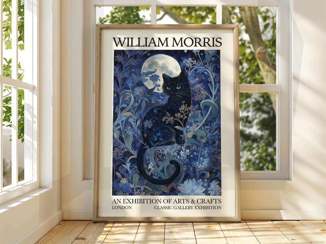 William Morris Style Black Cat Floral Art Print