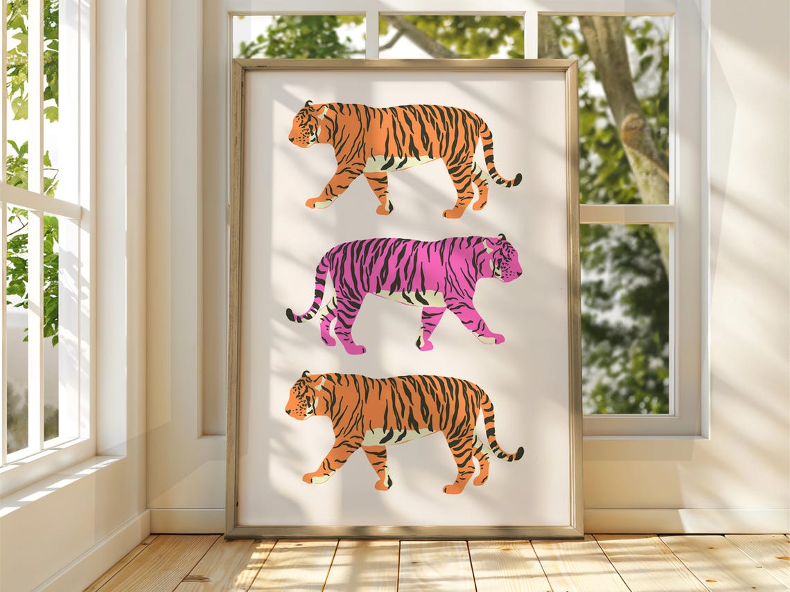 Pink Orange Tiger Trio Jungle Animal Illustration Wall Poster
