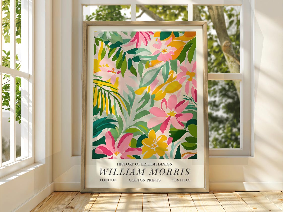 William Morris Style Tropical Pink Floral Garden Exhibition Poster