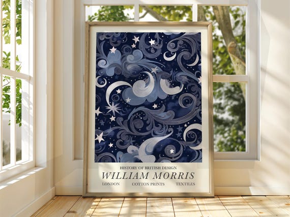 William Morris Style Night Sky Poster Exhibition Gallery Print Wall Art Full Moon Stars Dark Blue
