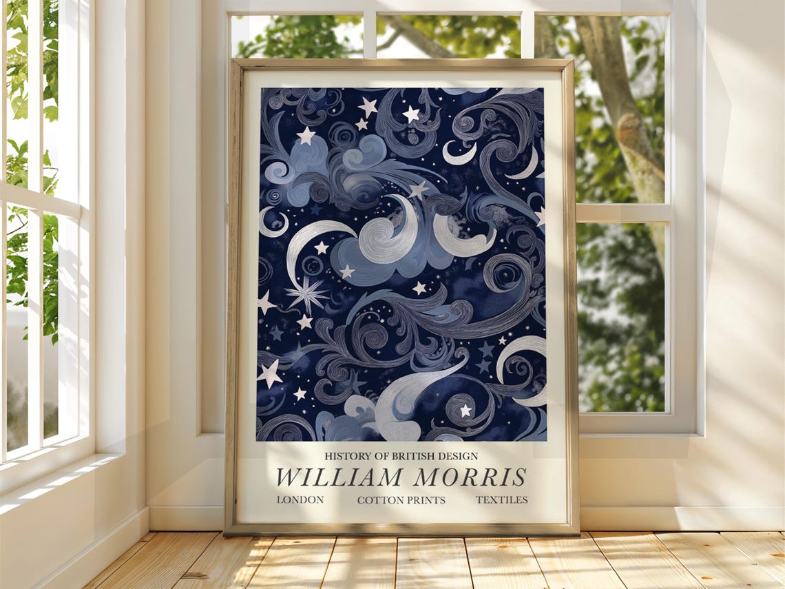 William Morris Night Sky Stars Moon Celestial Textile Design Poster