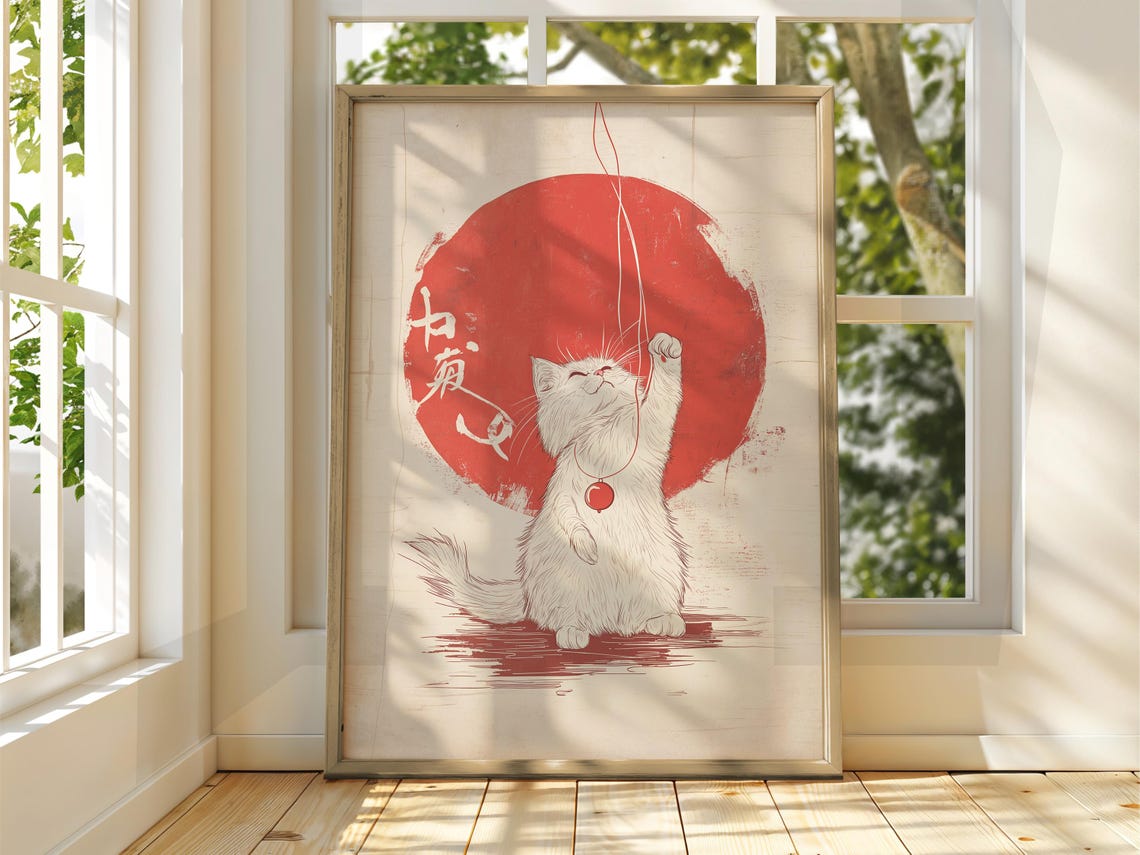 Playful White Cat Red Sun Japanese Woodblock Style Art Poster