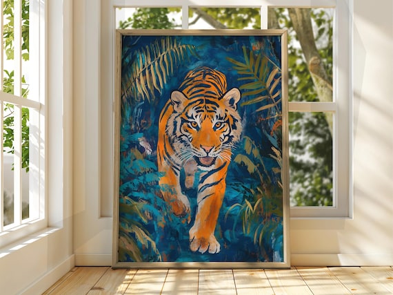 Bold Tiger Facing Forward Teal Jungle Foliage Painterly Wildlife Poster