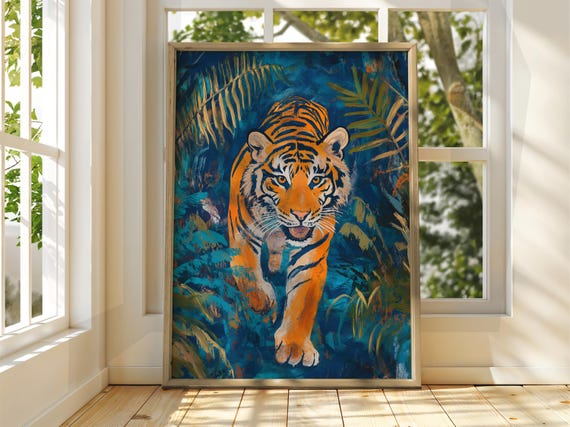Walking Tiger Poster Wall Art Animal Illustration Bright Home Decor Print Cat
