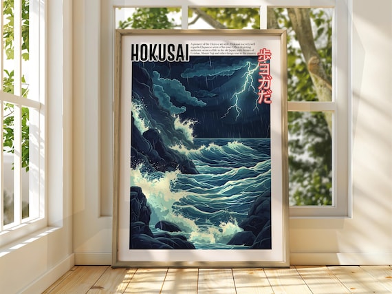 Hokusai Ukiyo-e Stormy Night Ocean Lightning Crashing Waves Art Poster