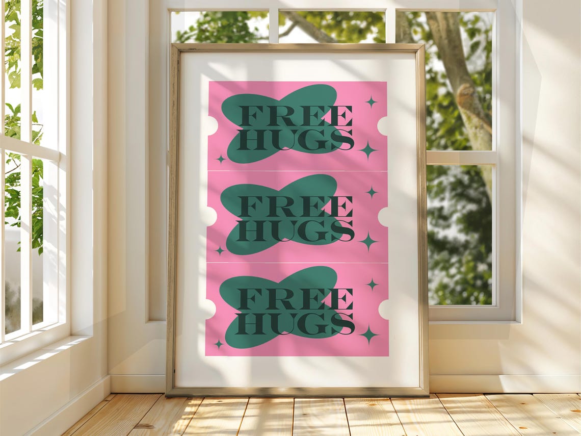 Free Hugs Ticket Stub Retro Poster with Pink Green Funky Art Decor