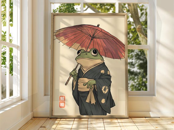 Japanese Vintage Frog Art Matsumoto Hoji Wall Animal Poster Funny Print Cat