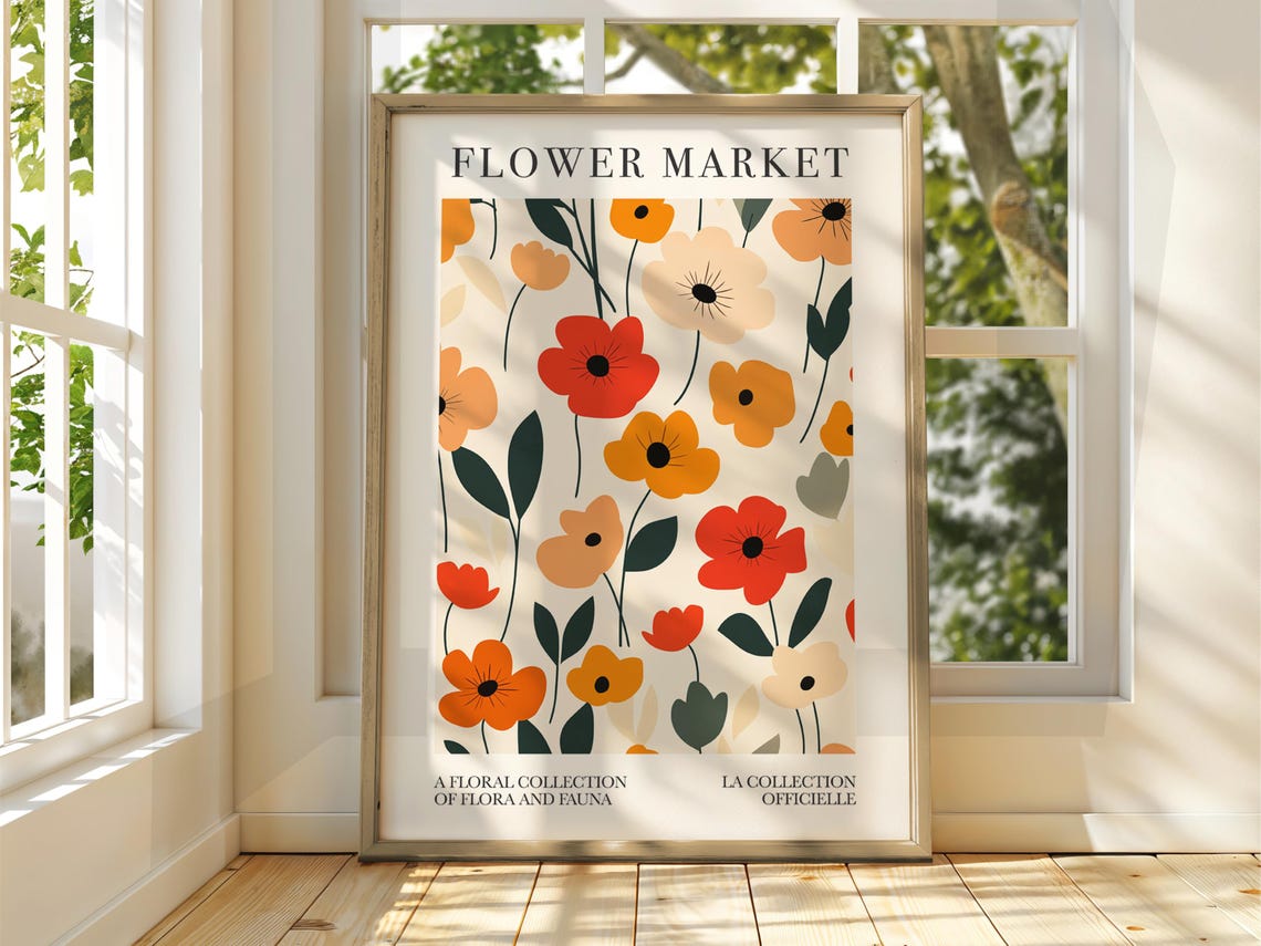 Flower Market Poppies Retro Botanical Gallery Chic Art Poster