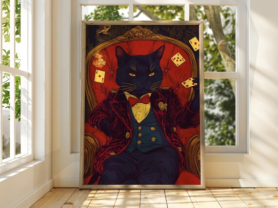 Distinguished Black Cat in Velvet Tuxedo Card Game Feline Poster