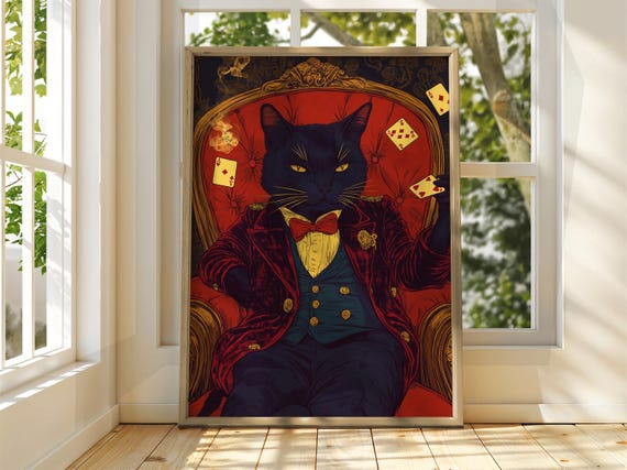 Gambling Cat Poster Wall Art Illustration Fun Animal Funny Feline Drinking Wine Prints Black