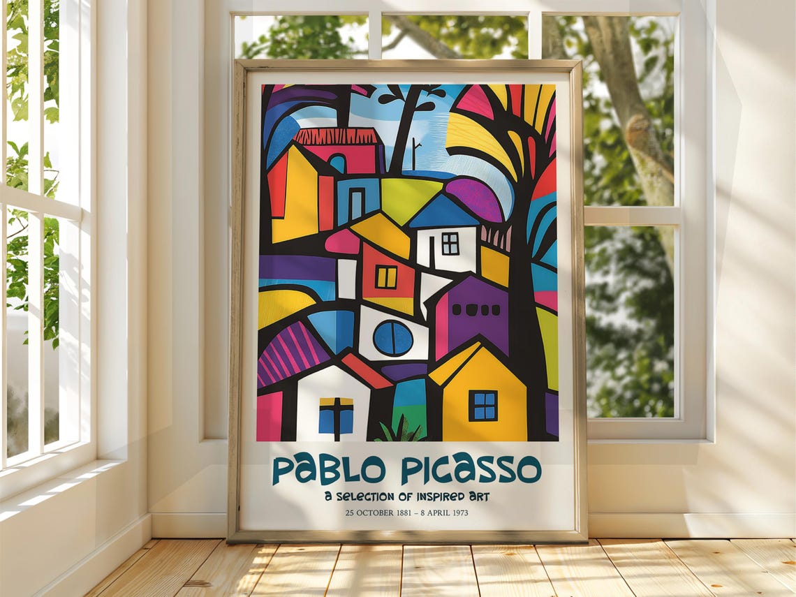Pablo Picasso Inspired Colorful Abstract Village Houses Art Poster