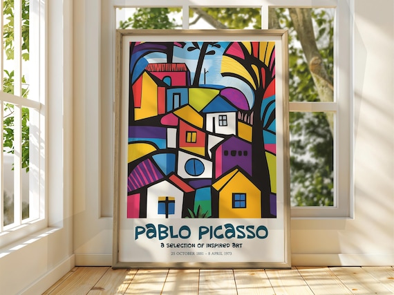 Pablo Picasso Inspired Colorful Abstract Village Houses Art Poster