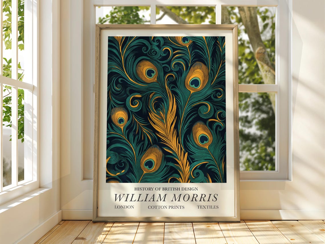 William Morris Style Peacock Feather Gold Teal Exhibition Poster