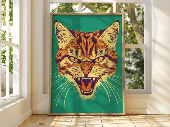 Snarling Tabby Cat Green Background Funny Feline Illustration Poster