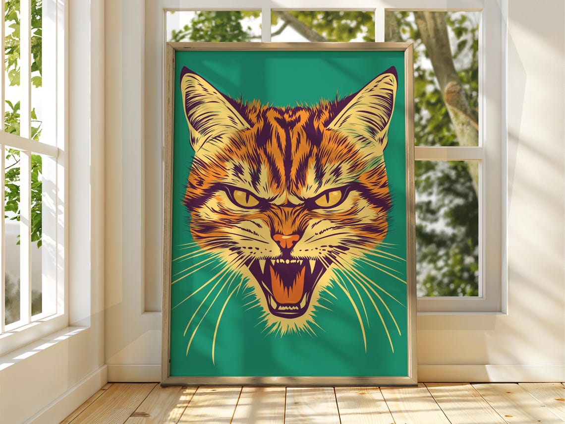 Snarling Tabby Cat Green Background Funny Feline Illustration Poster