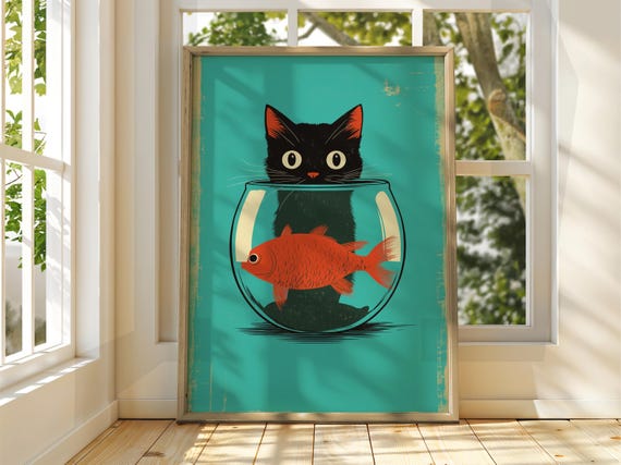 Cat With Fishbowl Poster Wall Art Illustration Fun Animal Feline Decor Kitten Black Pet Blue