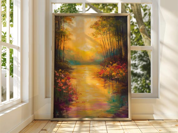 Colourful Sunset Over Lake Poster Oil Painting Art Print Dreamy Warm Summer Landscape Wall Nature Bright Home Decor