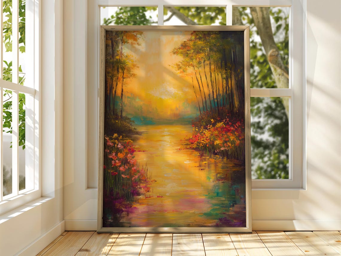 Golden Sunset Over Still Lake With Colorful Flower Gardens Art Poster