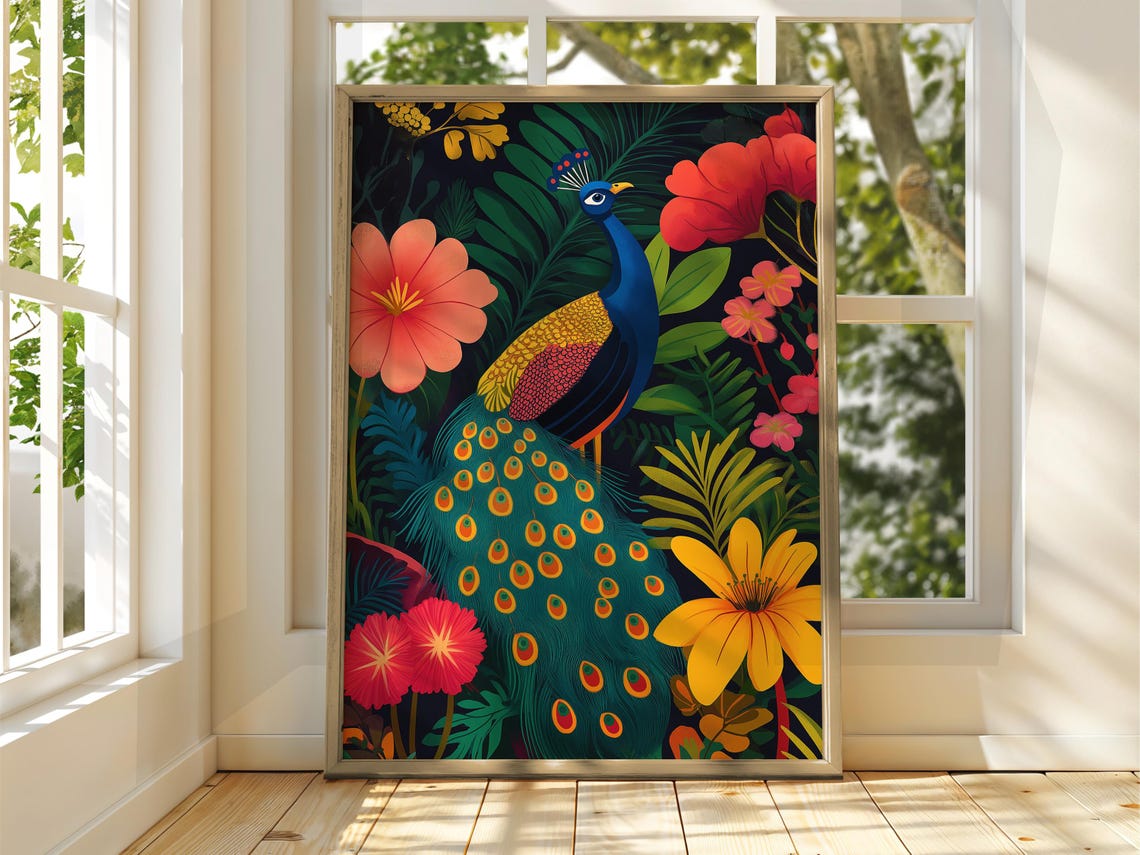 Peacock Midnight Jungle Floral Botanical Bird Art Illustration Poster