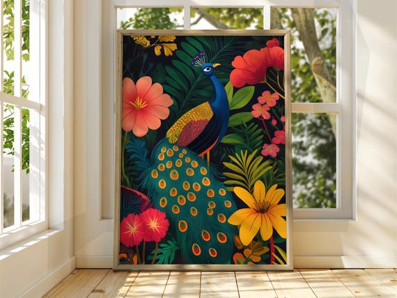Tropical Peacock Poster Bird Wall Art Animal Illustration Floral Bright Home Decor Print