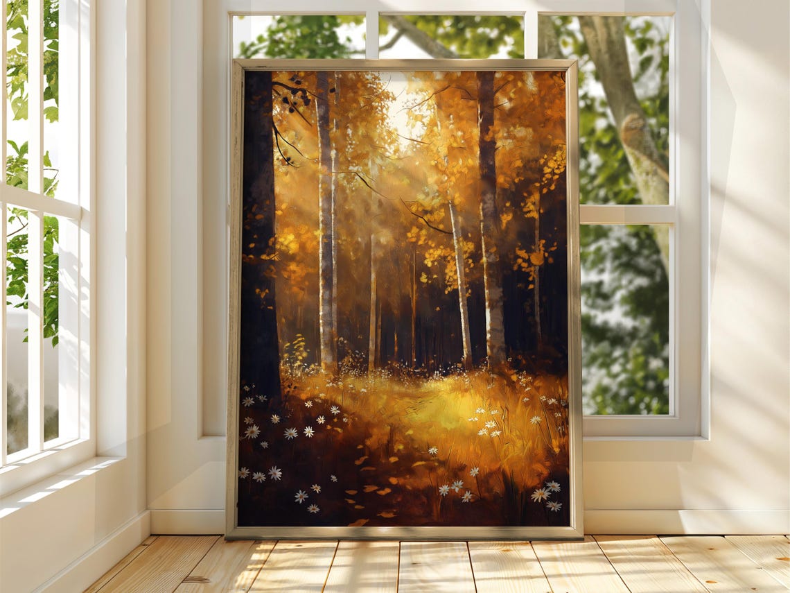 Autumn Birch Forest Golden Sunlight Oil Painting Fall Woods Poster