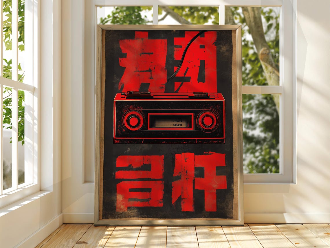 Japanese Vintage Red Boombox Bold Retro Music Advertising Poster