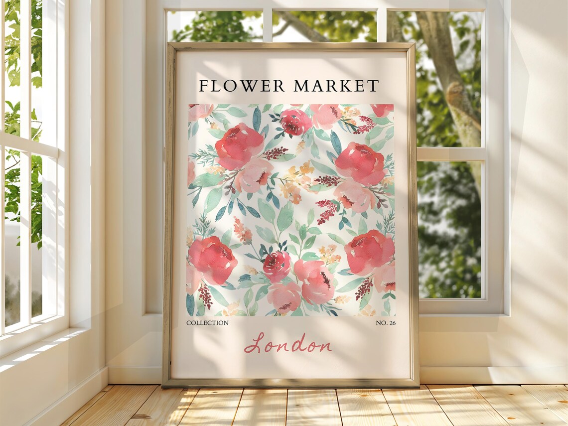 London Flower Market Pink Peony Watercolor Floral Art Poster