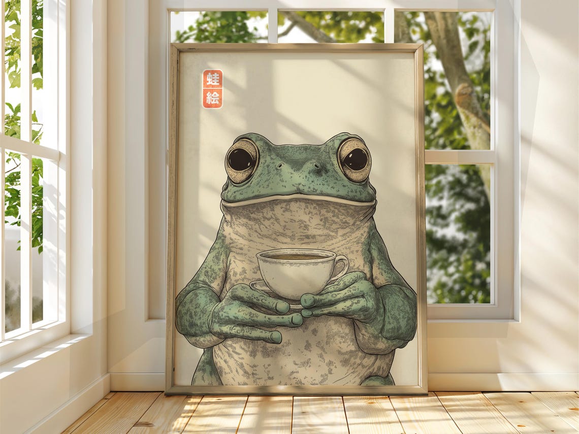 Matsumoto Hoji Frog Holding Tea Cup Japanese Vintage Animal Poster