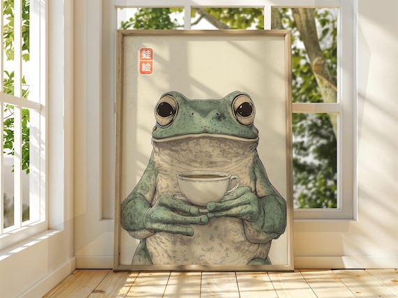 Matsumoto Hoji Frog Holding Tea Cup Japanese Vintage Animal Poster