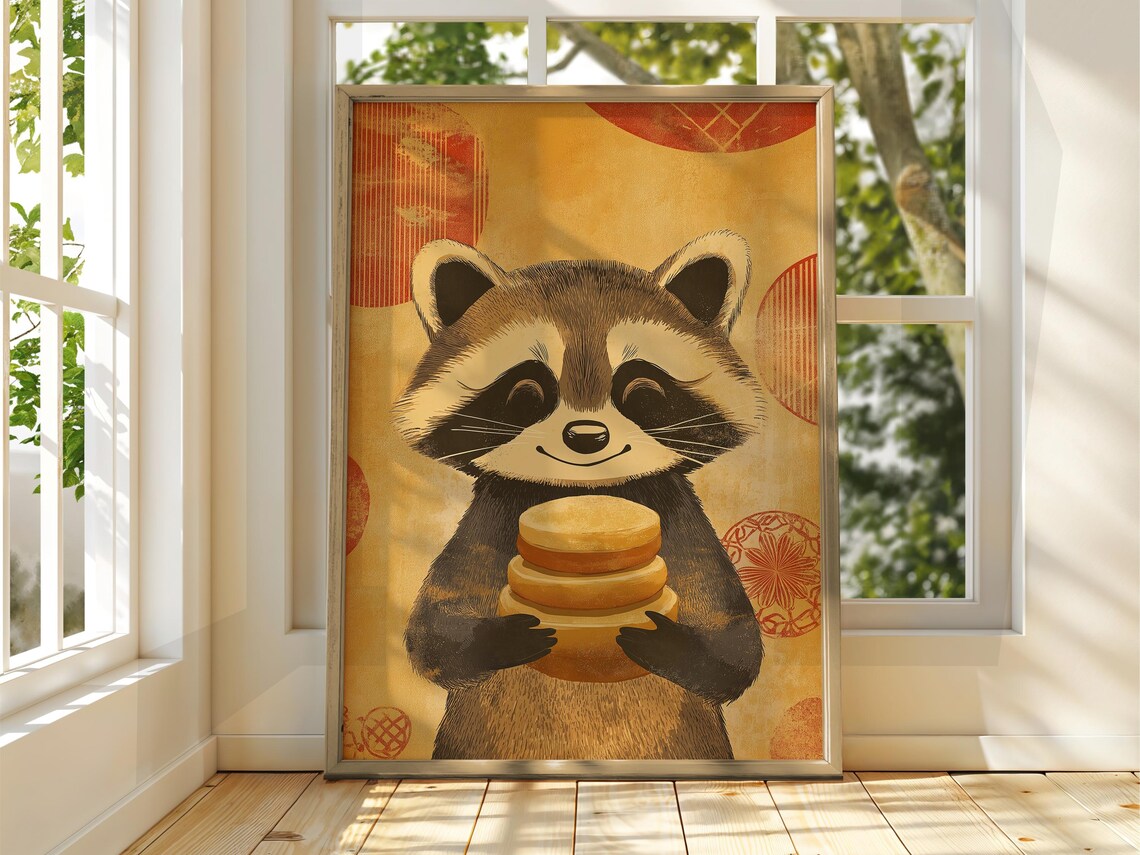 Japanese Vintage Raccoon Holding Sweets Cute Animal Art Poster