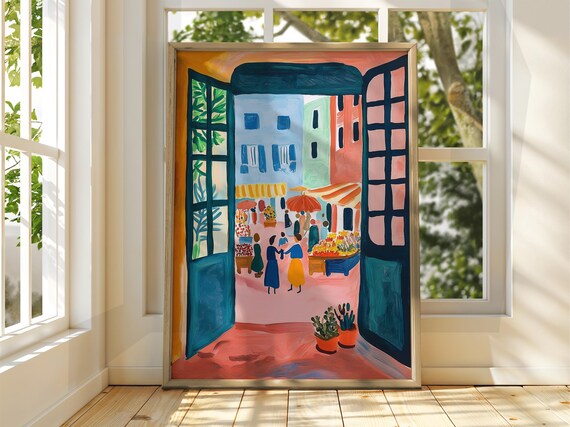 Teal Open Doors Bustling Market Square Fauvist Painting Wall Poster