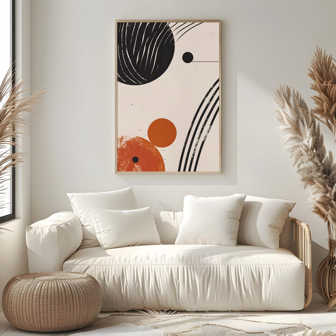 Mid Century Modern Black Brush Sun Rust Circles Cream Art Poster - Image 2