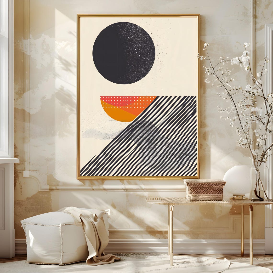 Mid Century Modern Black Moon Orange Sun Striped Waves Poster - Image 3