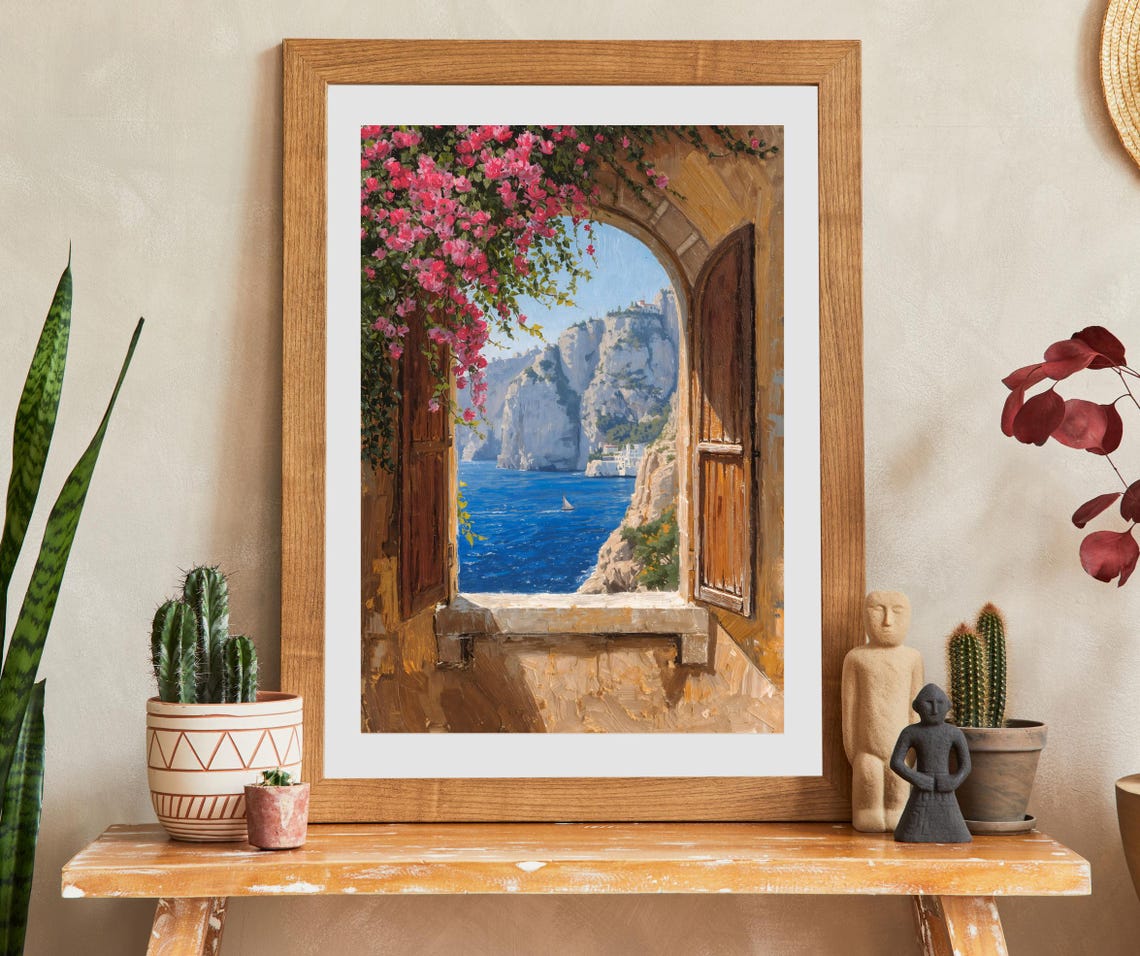 Mediterranean Archway Window Bougainvillea Sea View Cliff Wall Art