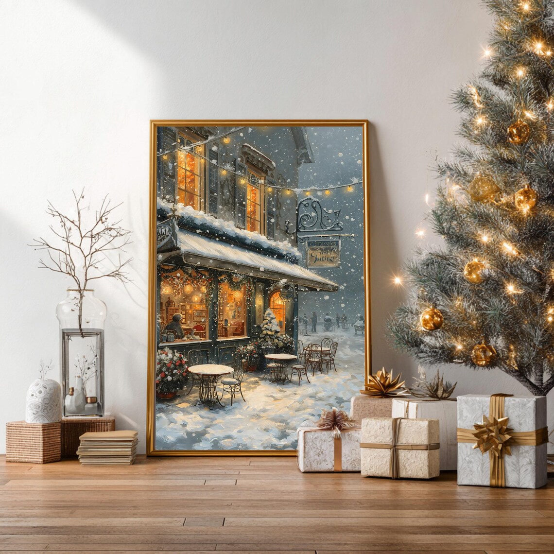 Cozy Winter Caf Street Scene, Vintage Holiday Art Print