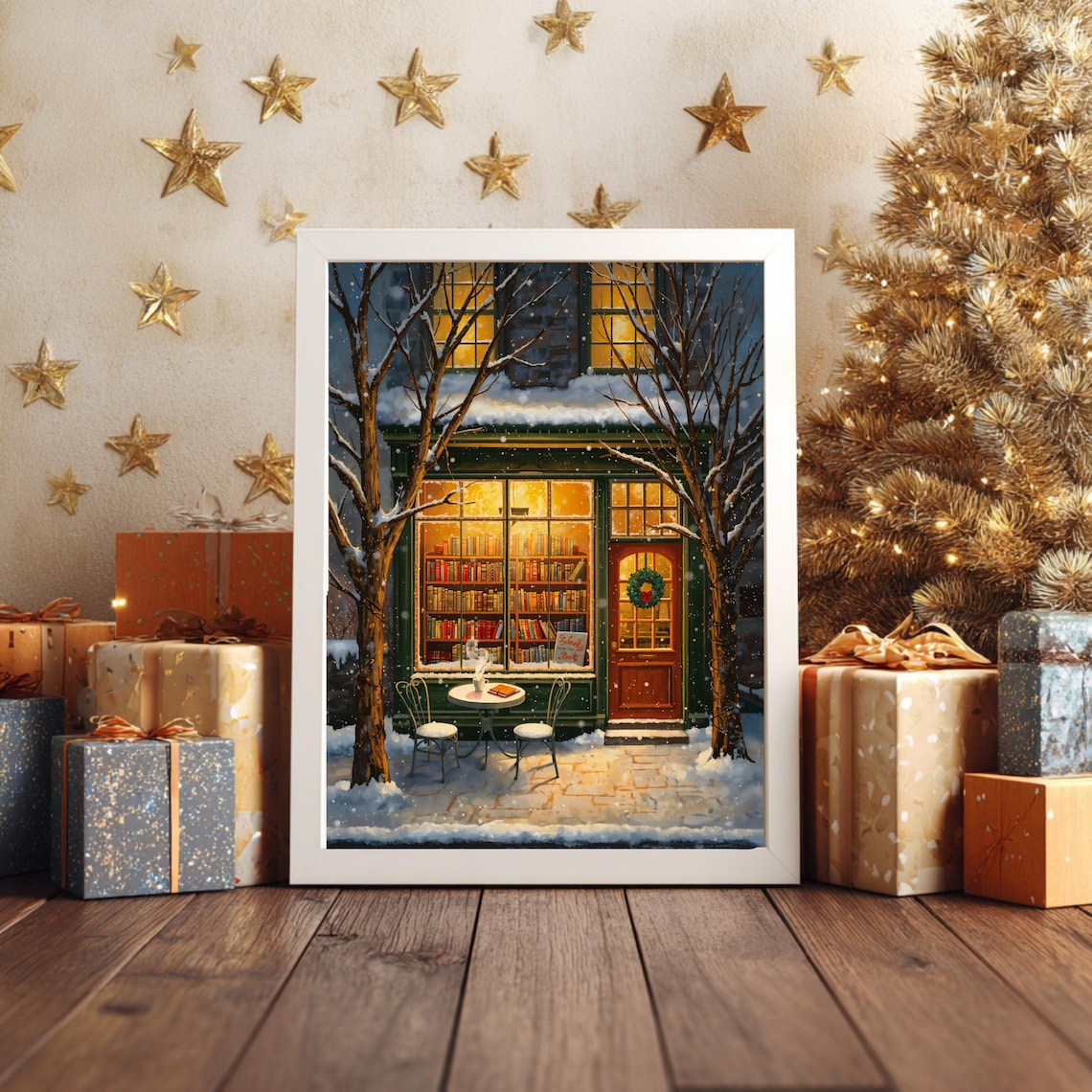 Cozy Christmas Bookstore Vintage Holiday Art Print