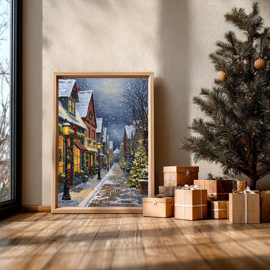 Snowy Christmas Village Street Night Lights Vintage Wall Art