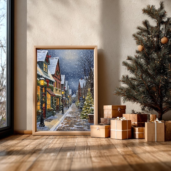 Snowy Christmas Village Street Night Lights Vintage Wall Art